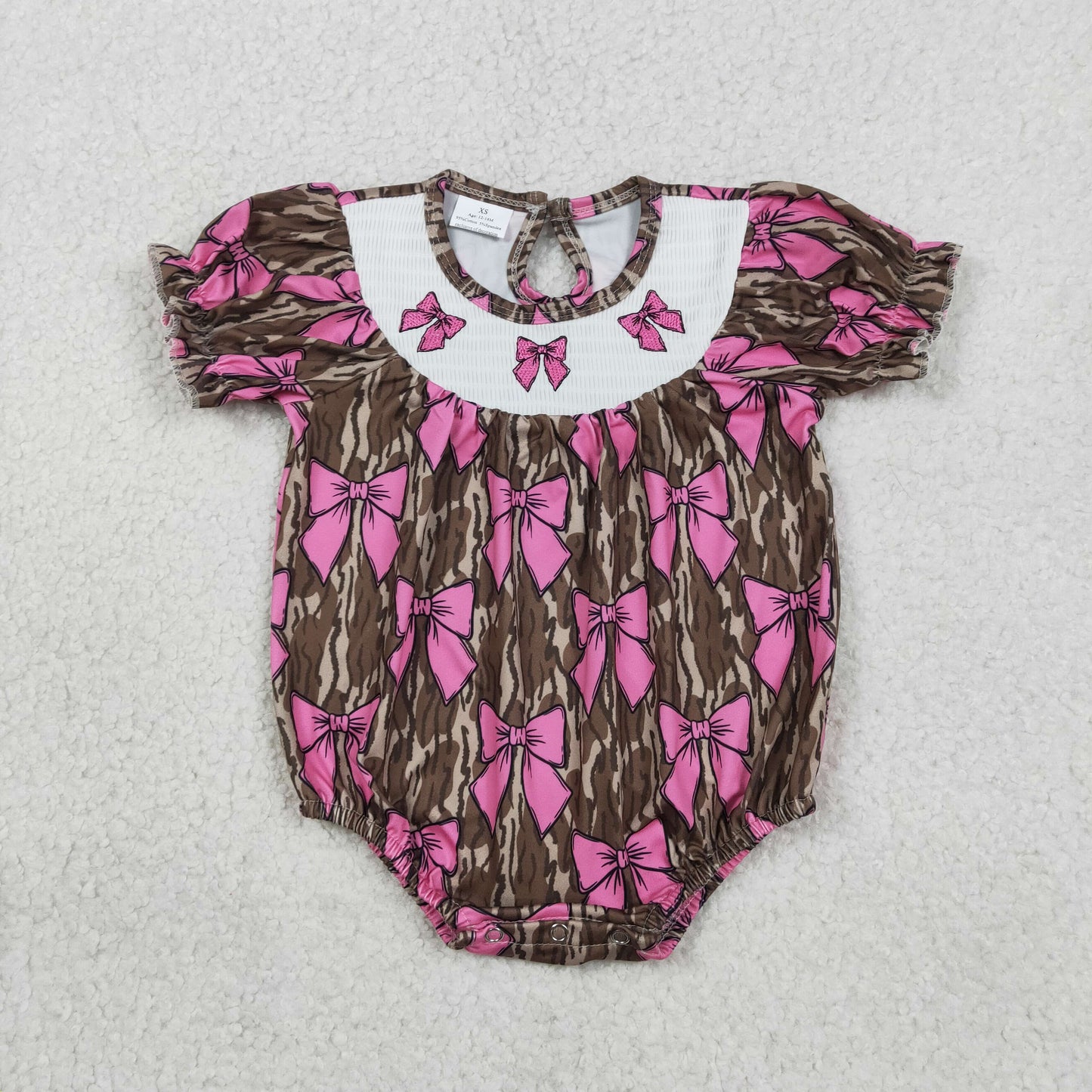 Smocked Bows Baby Girls Southern Olive Camo Ruffle Rompers