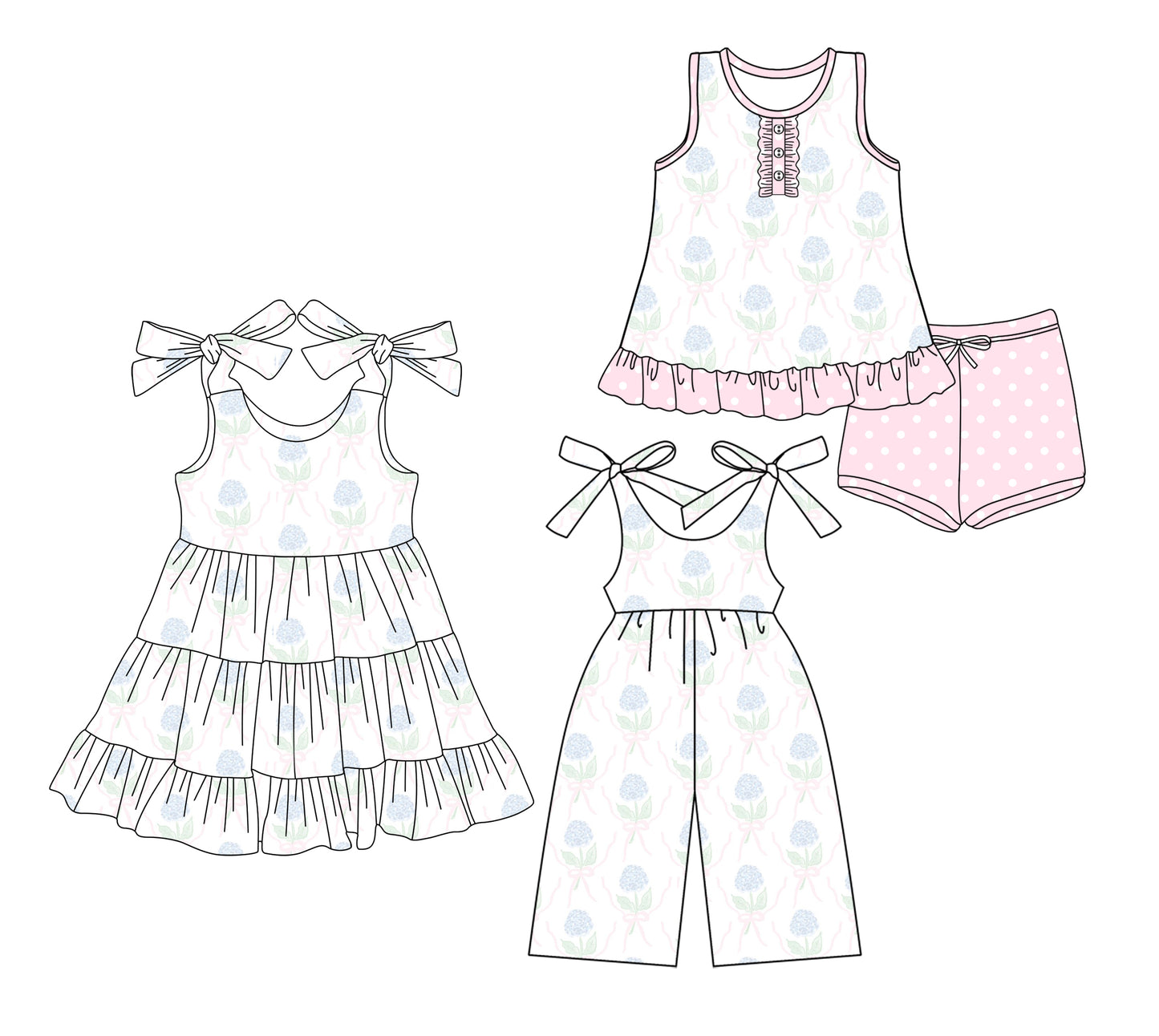 Preorder moq 5 Custom Baby Girls Blue Hydrangea Button Tunic Pink Polka Dots Short Set Knee Length Dress Jumpsuits