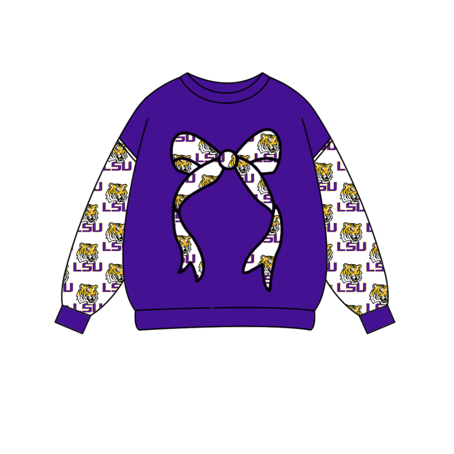 Preorder Moq 5 Baby Girls Purple Long Sleeve Lsu Tigers Bows Team Tee Shirts Top