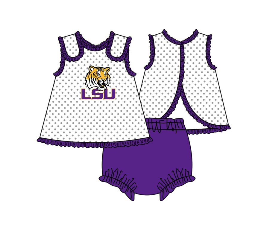 Preorder (moq 5)Baby Girls Sleeveless LSU Tiger Polka Dots Tunic Bummies Team Clothes Sets