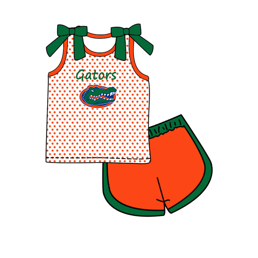 Preorder (moq 5)Baby Girls Bows Sleeveless Gators Polka Dots Top Short Team Clothes Set