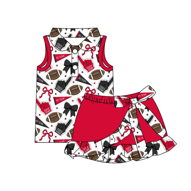 Preorder (moq 5)Baby Girls Footballs Go Team Button Top Ruffle Skirt Shorts Clothes Sets