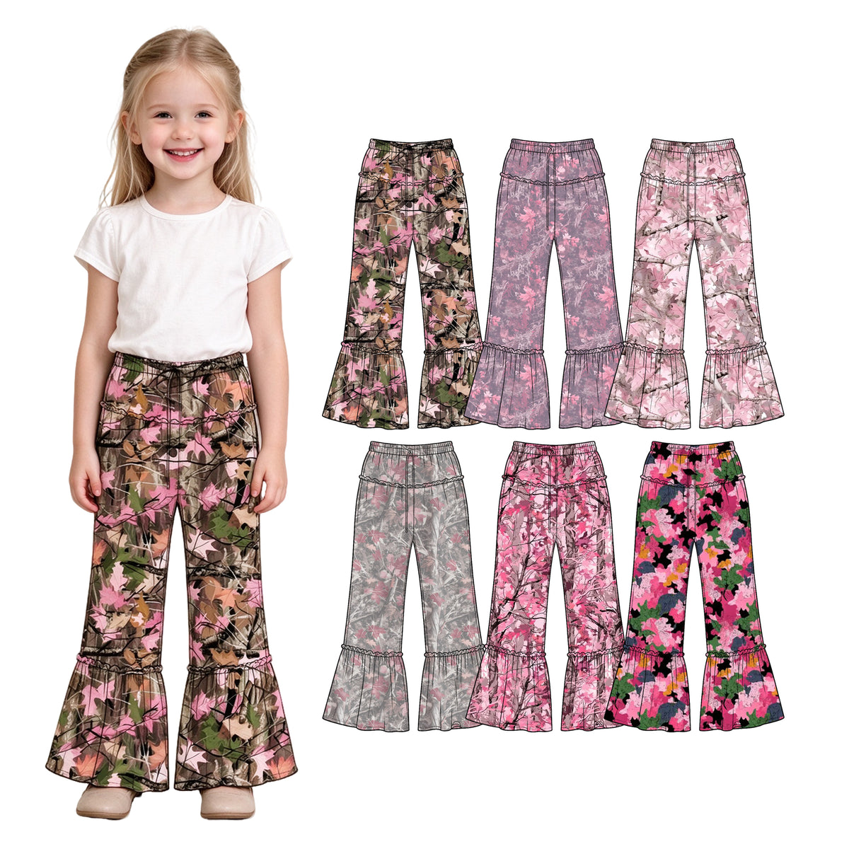 Preorder (moq 5) Baby Girl Clothes Hot Pink Tree Camo Print Ruffle Waist Ruffle Hem Flare Pants