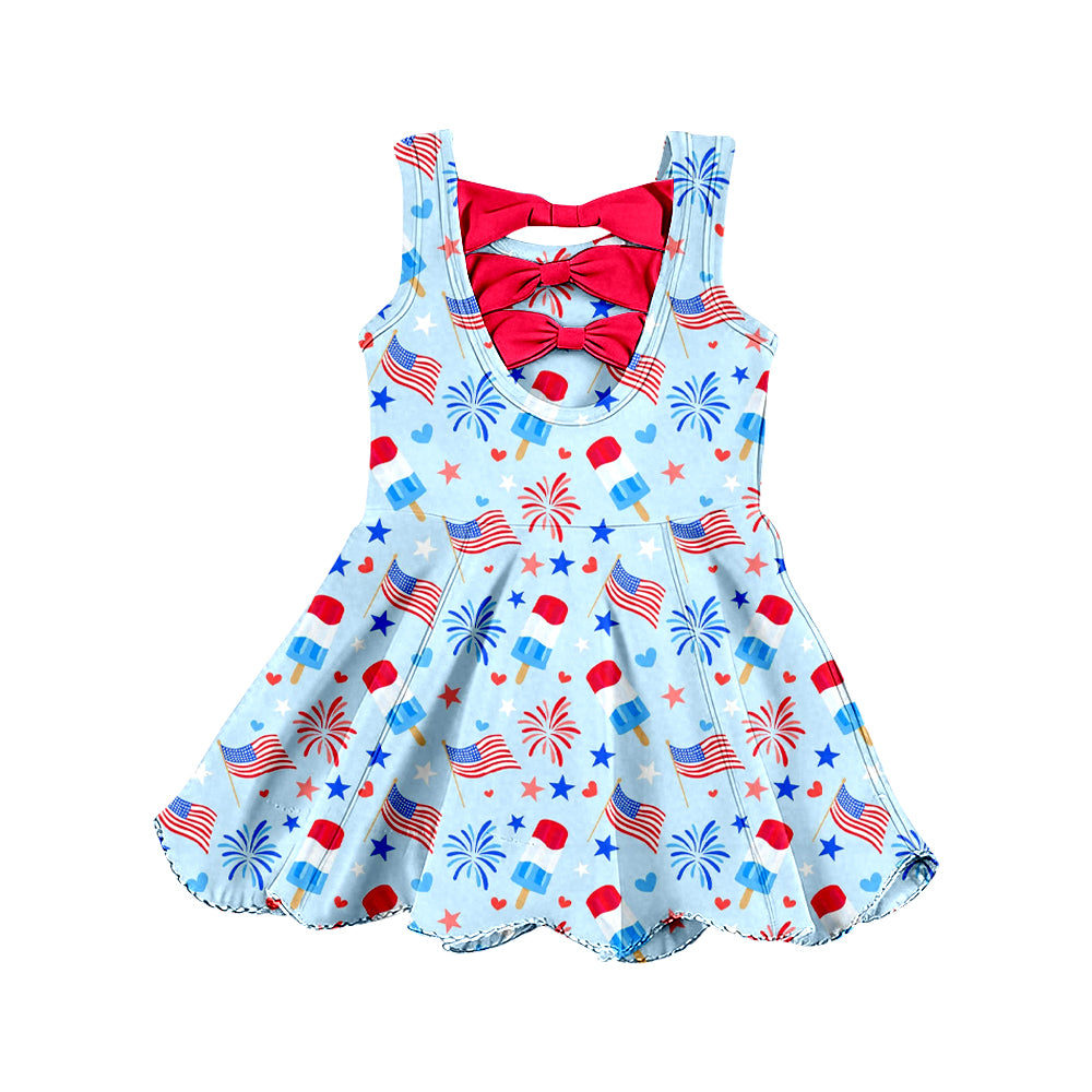 Preorder (moq 5)Baby Girls Sleeveless Popsicle Flags Scallop 4th of July Shorts Knee Length Dress