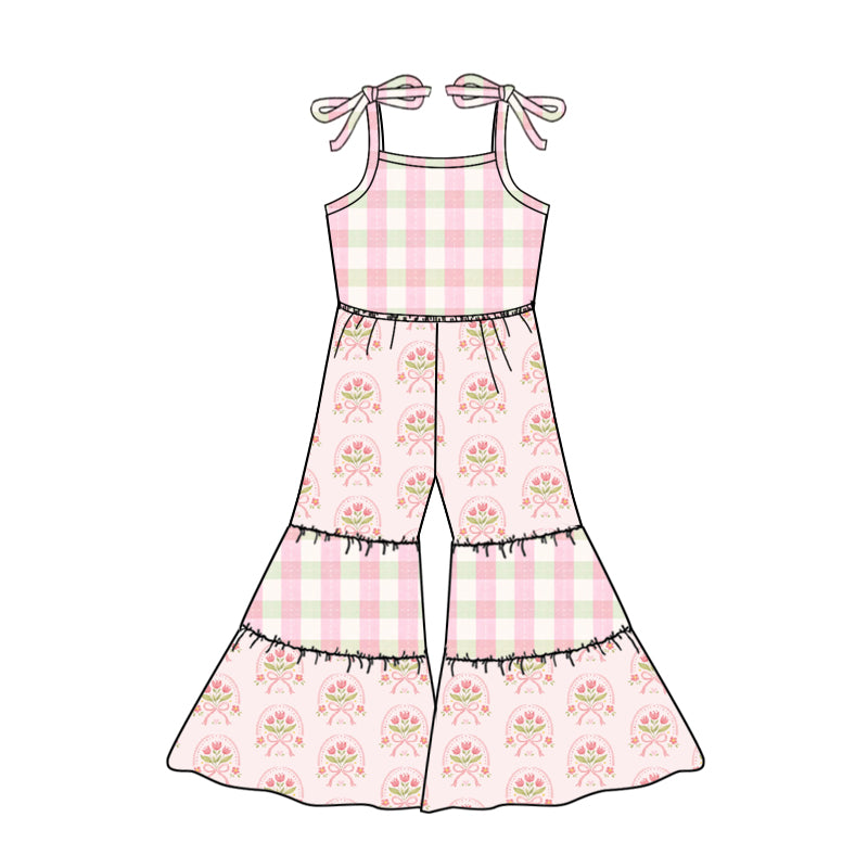 Preorder (moq 5)Baby Girls Bows Flowers Checked Bell Bottom Pants Patchwork Jumpsuits