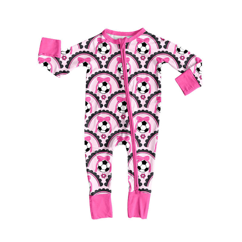 Preorder (moq 5)Baby Girls Long Sleeve Bows Footballs Checked Team Zipper Footie Rompers