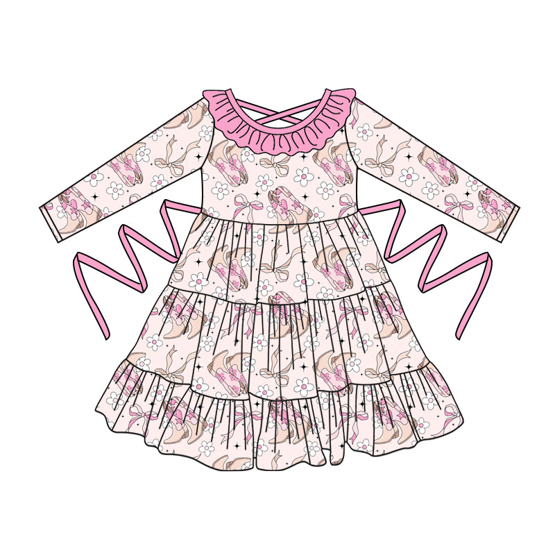 Preorder moq 5 Baby Girls Long Sleeves Pink Boots Flowers With Belt Ruffle Knee Length Dresses