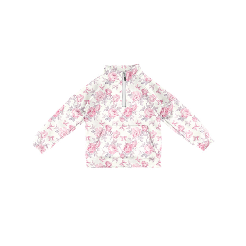 Preorder (moq 5)Baby Girls Long Sleeves Pink Flowers Pocket Zipper Pullovers Top