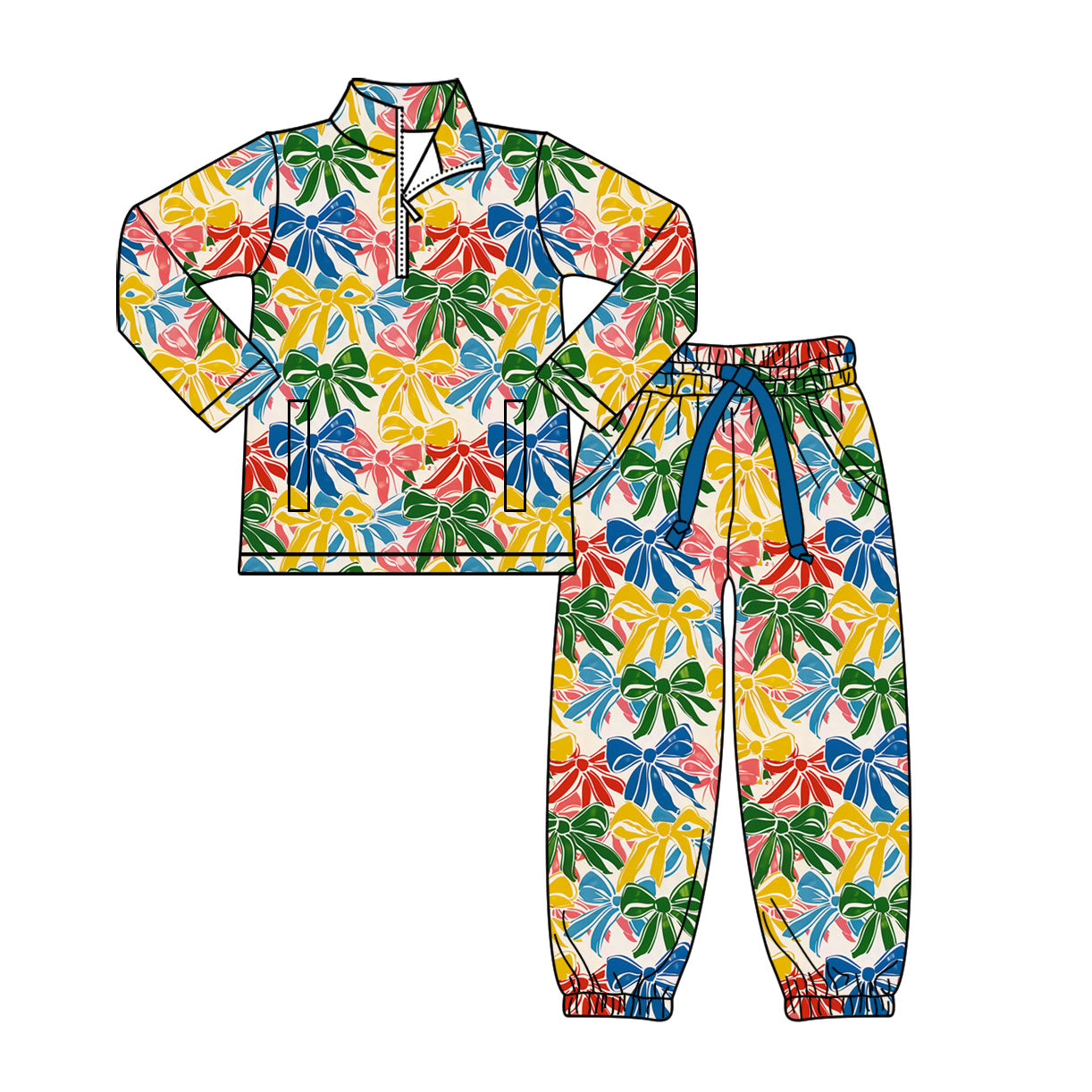 Preorder(moq 8)Baby Girls Colorful Bows Plaid Zipper Pockets Pullovers Jogger Pants Clothes Set