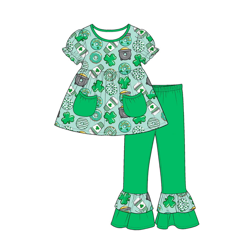 Preorder (moq 5) Baby Girl Clothes St Patrick Donut Coffee Clover Print Short Sleeve Tunic Top Ruffle Flare Pant Set