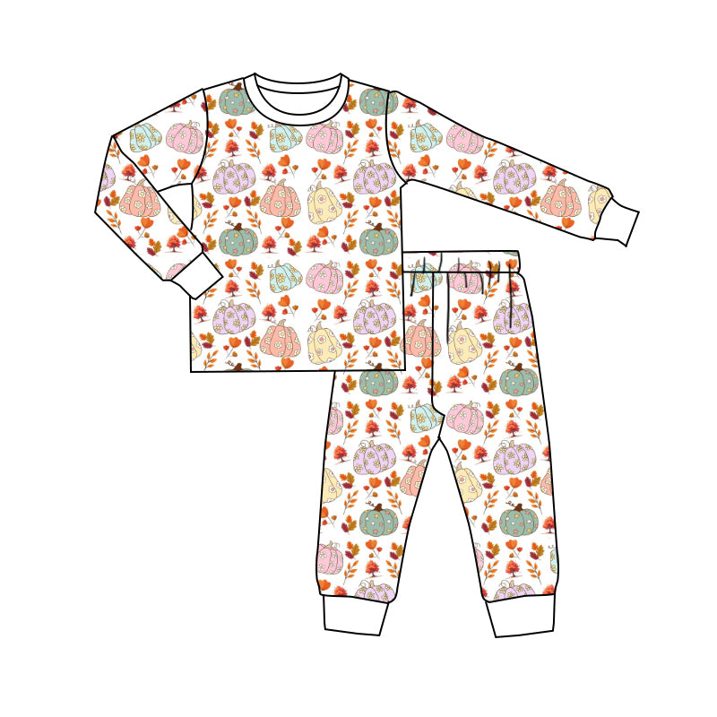 Preorder (moq 5)Baby Girls Colorful Flowers Pumpkins Top Pant Fall Pajamas Set