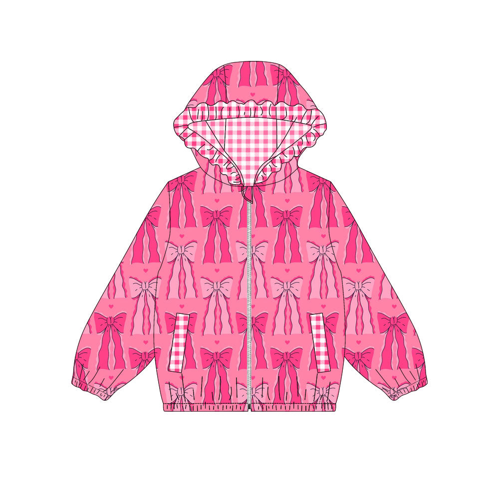 Preorder (moq 5)Baby Girls Hot Pink Bows Pockets Zipper Valentine Ruffle Hoodies Top