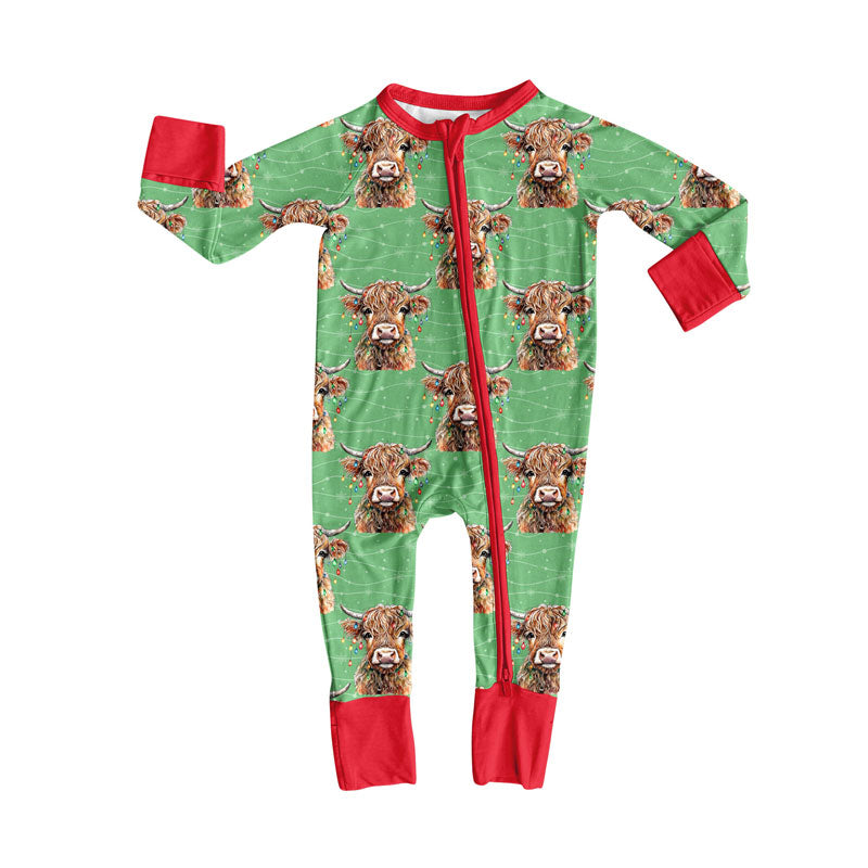 Preorder (moq 5)Baby Boys Lights Highland Cows Christmas Zipper Footie Rompers