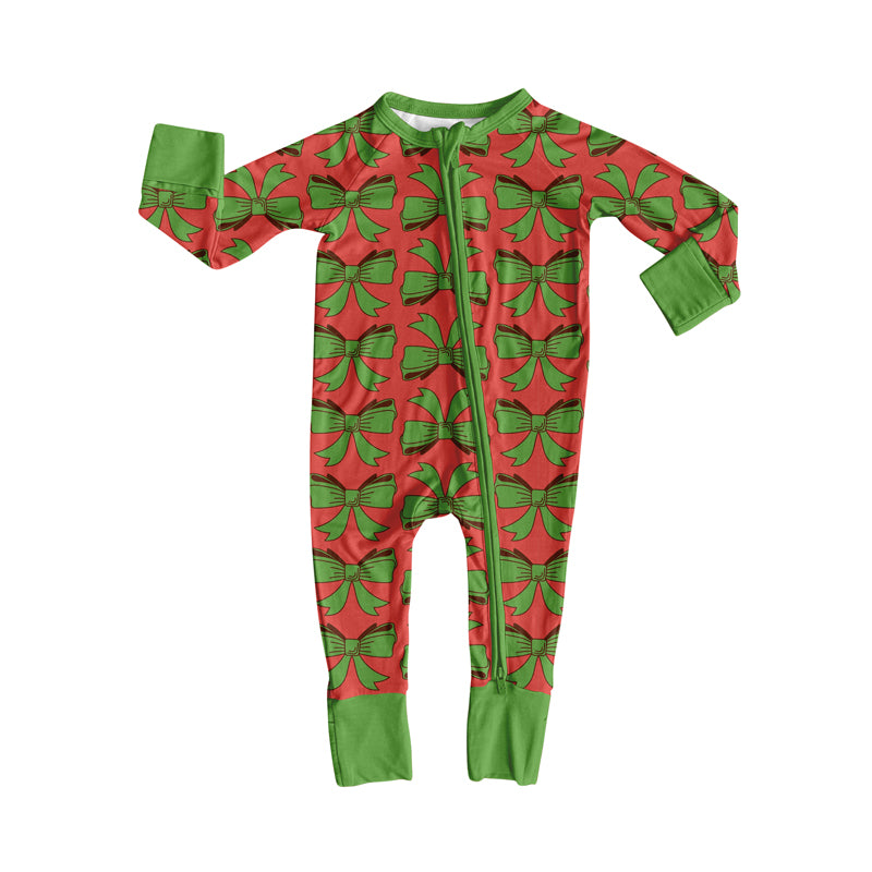 Preorder(moq 5)Baby Infant Boys Green Bows Plaid Christmas Zipper Rompers