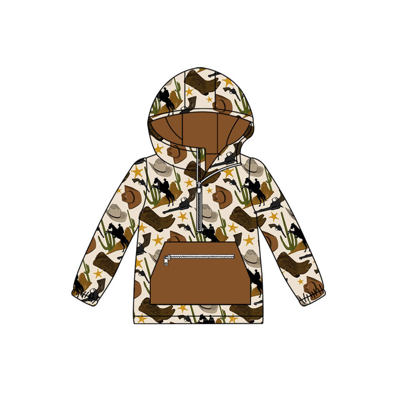 Preorder (moq 5)Baby Boys Hats Horse Rodeos Pocket Zipper Western Hoodies Top
