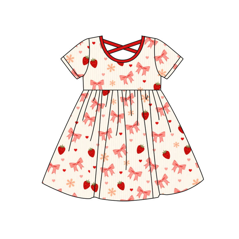 Preorder(moq 8)Baby Girls Red Bows Strawberry Hearts Valentine Knee Length Dresses