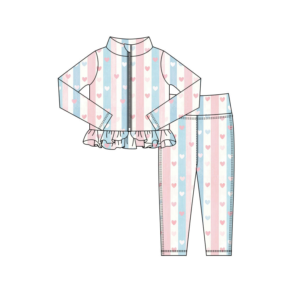 Preorder(moq 5) Baby Girls Pink Blue Stripes Hearts Zipper Jacket Leggings Valentine Clothes Sets