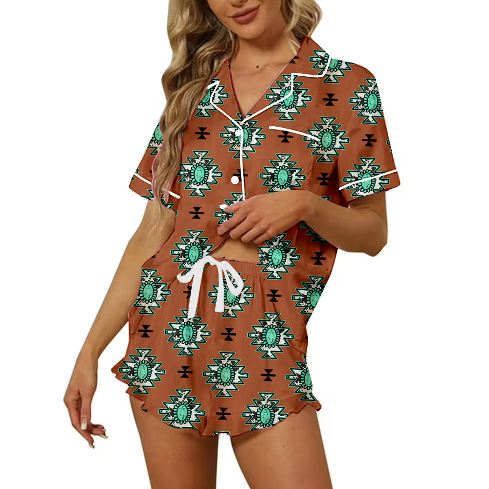 Preorder moq 5 Adult Women Western Brown Turquoise Button Pocket Top Short Pajamas