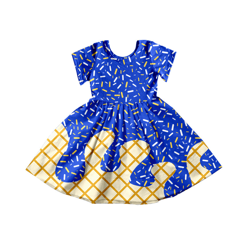 Preorder moq 5 Baby Girls Blue Ice Cream Drips Sprinkles Knee Length Dresses