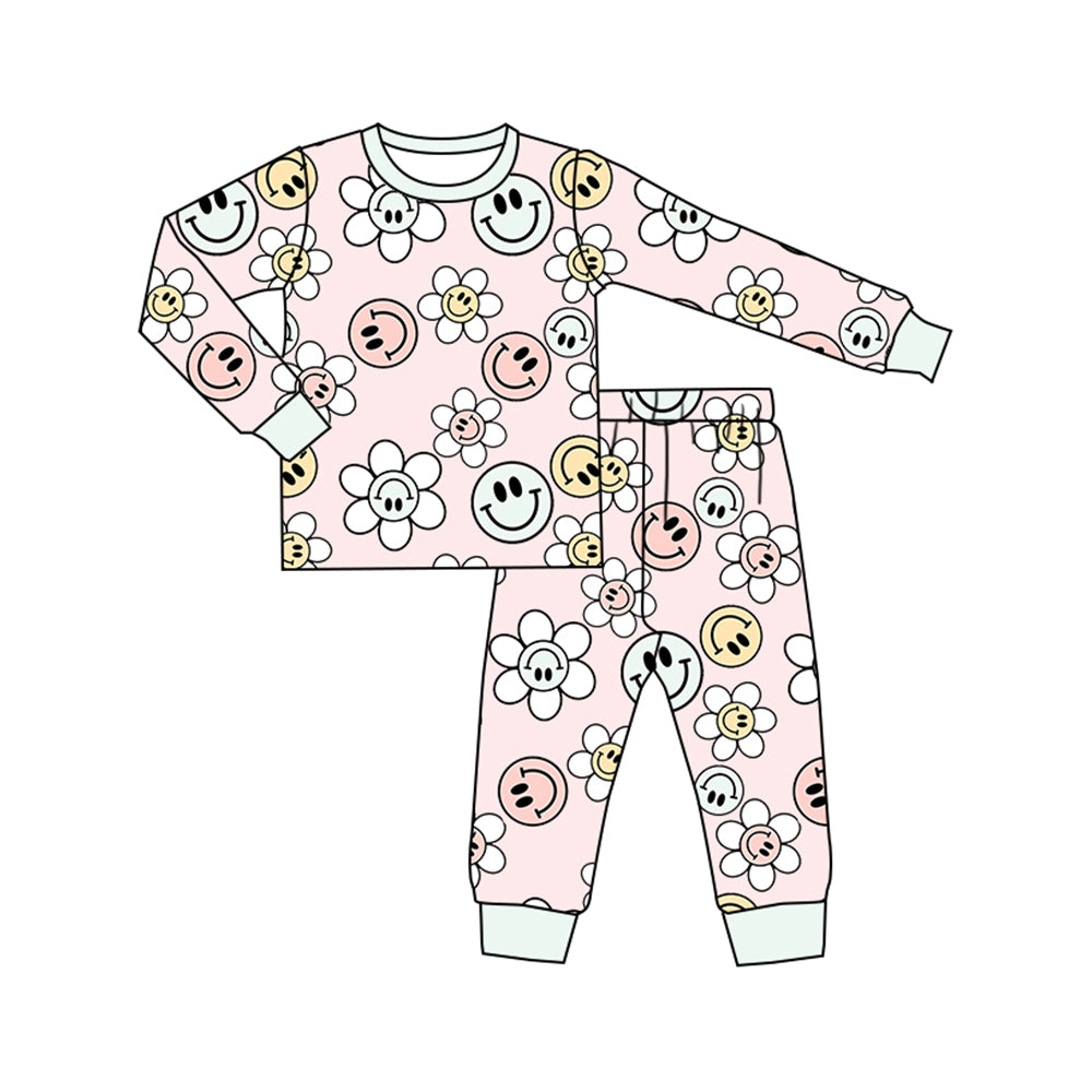 Preorder (moq 5)Baby Girls Pink Long Sleeves Smiles Flowers Top Pant Pajamas Sets
