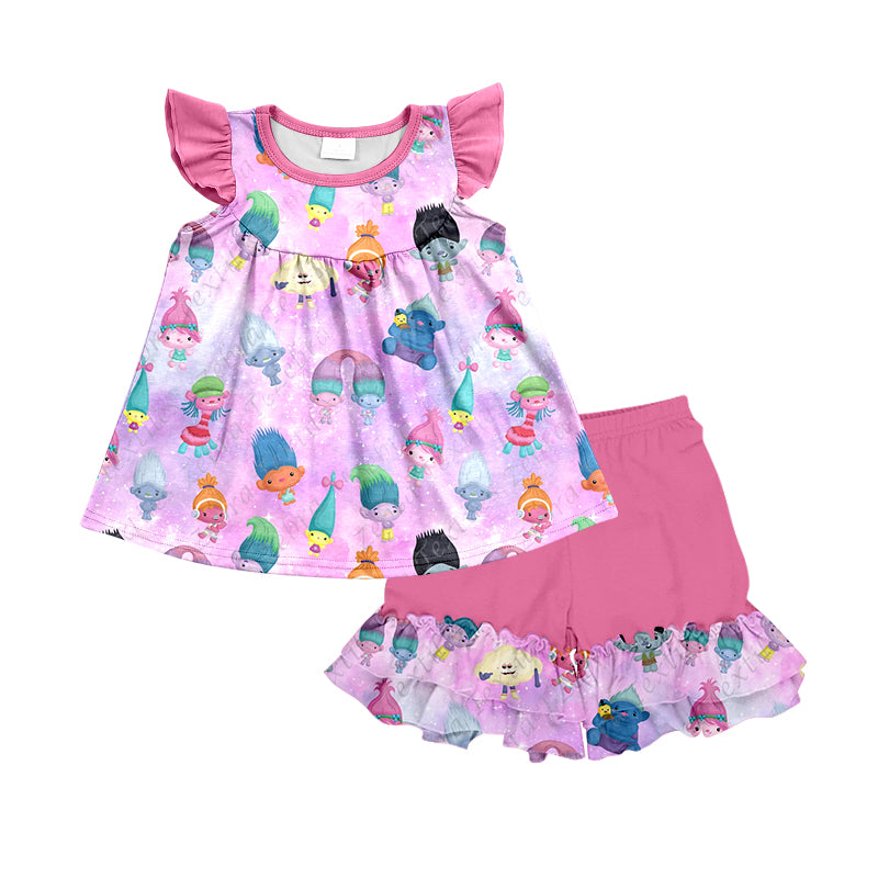 Baby Girls Cartoon Colorful Hair Tunic Top Ruffle Shorts Clothes Sets preorder (moq 5)