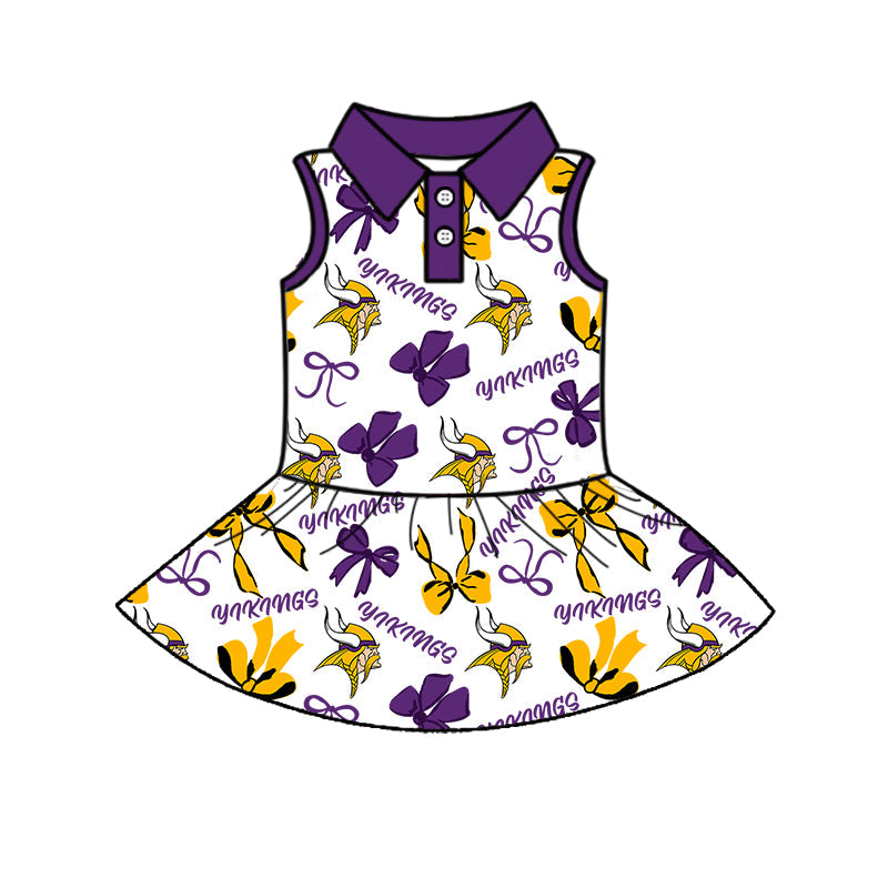 Preorder (moq 5)Baby Girls Sleeveless Button Bull King Bows Short Team Knee Length Dresses