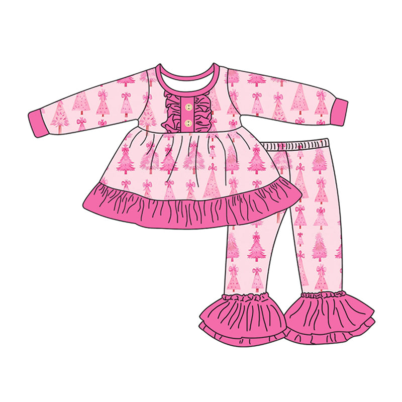 Preorder (moq 5)Baby Girls Long Sleeves Pink Bows Christmas Trees Button Tunic Bell Bottom Pants Set
