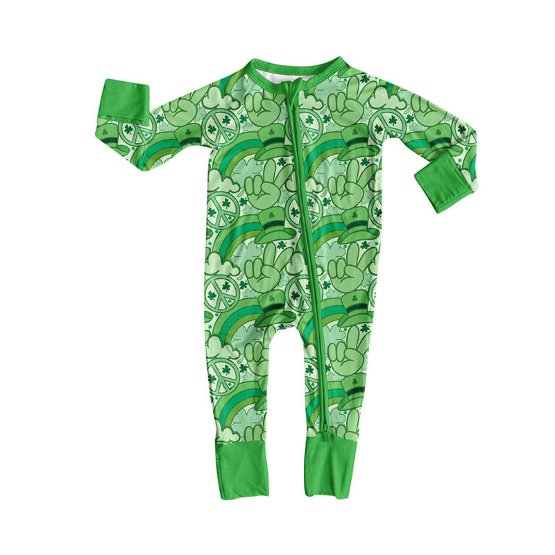 Preorder (moq 8)Baby Boys Green Hats Clovers Rainbows St Patrick Zipper Footie Rompers