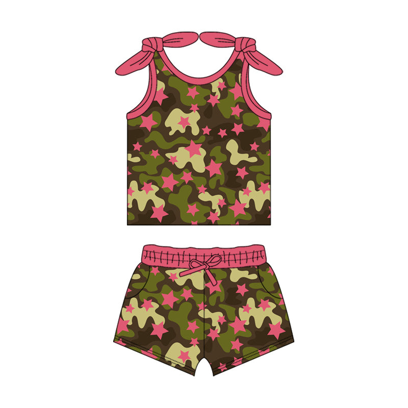 Preorder (moq 5)Baby Girls Camouflage Stars Bows Summer Shirt Top Shorts Clothes Sets
