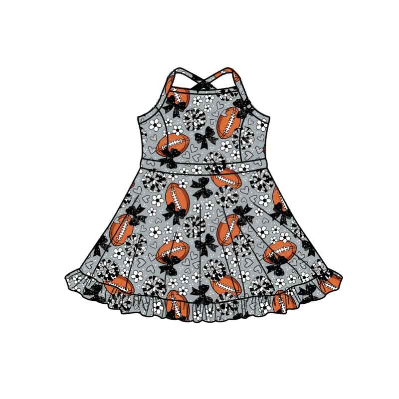 Preorder (moq 5)Baby Girls Strap Grey Hearts Footballs Team Shorts Ruffle Knee Length Dress