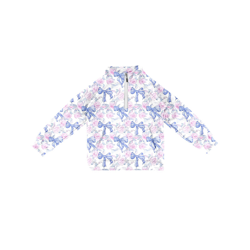 Preorder (moq 5)Baby Girls Long Sleeves Blue Bows Flowers Pocket Zipper Pullovers Top