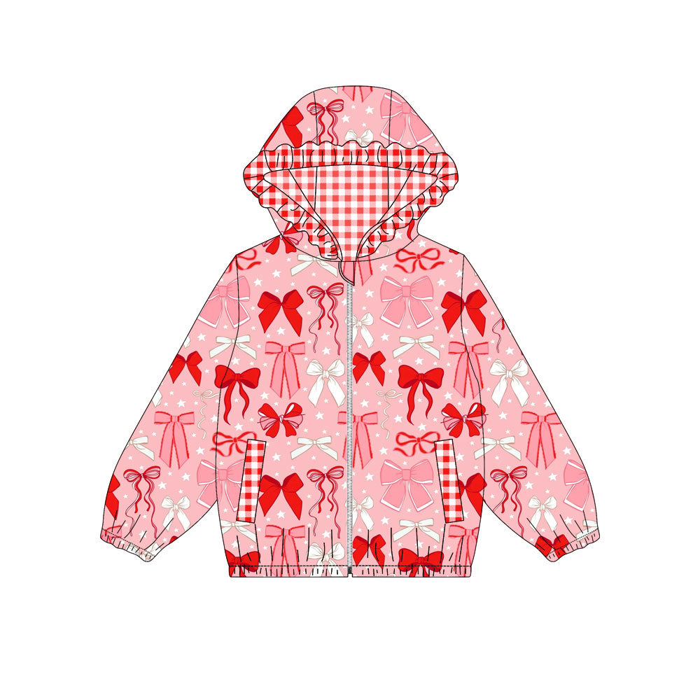 Preorder (moq 5)Baby Girls Pink Bows Stars Pockets Zipper Valentine Ruffle Hoodies Top