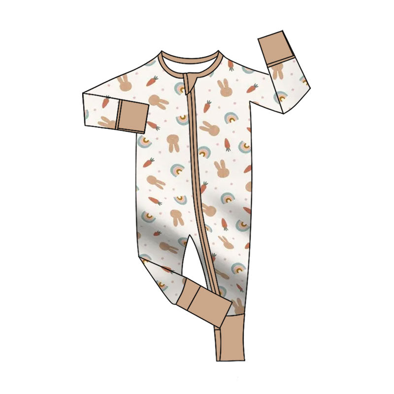 Preorder (moq 20)Baby Girls Bamboo Rabbit Carrots Rainbows Easter Two Way Zip Convertible Rompers