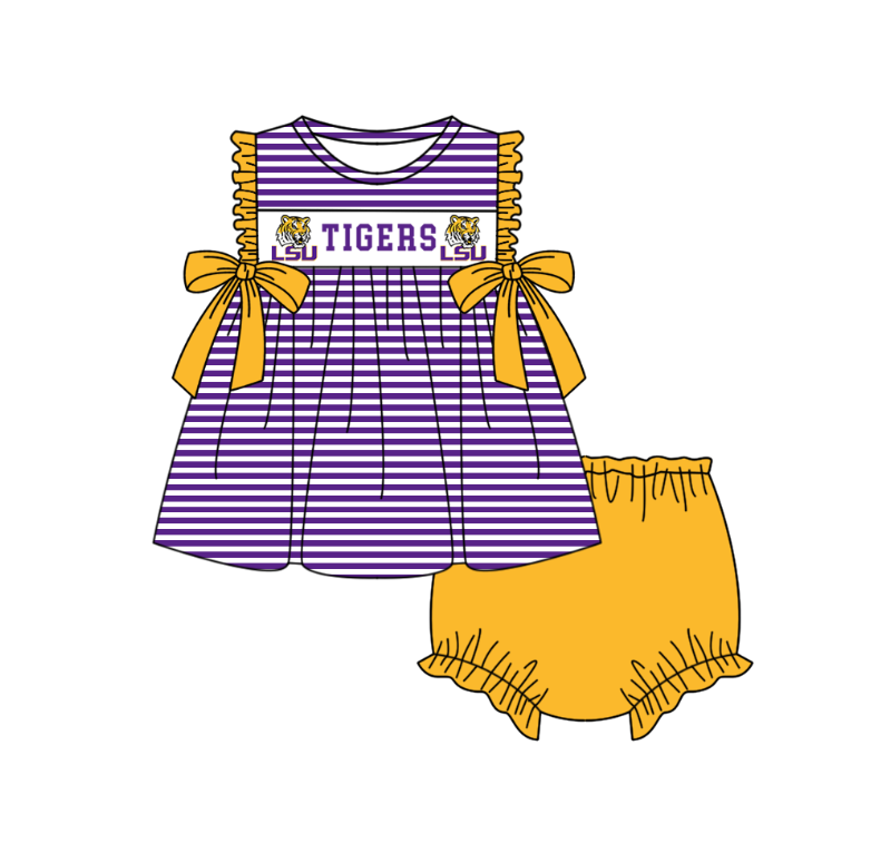 Preorder (moq 5)Baby Girls Sleeveless LSU Tigers Stripe Tunic Bummies Team Clothes Sets
