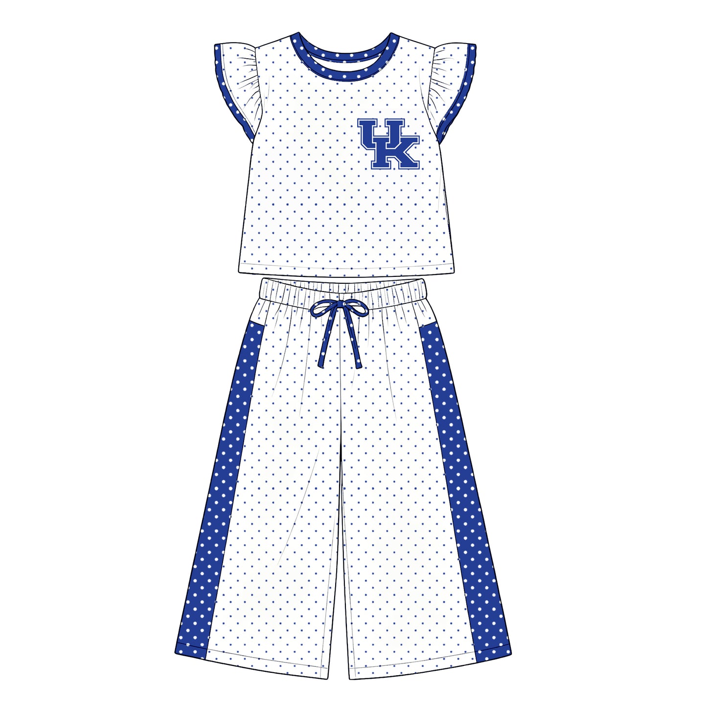 Preorder (moq 5)Baby Girls Flutter Sleeve UK Polka Dots Top Flare Pant Team Clothes Set