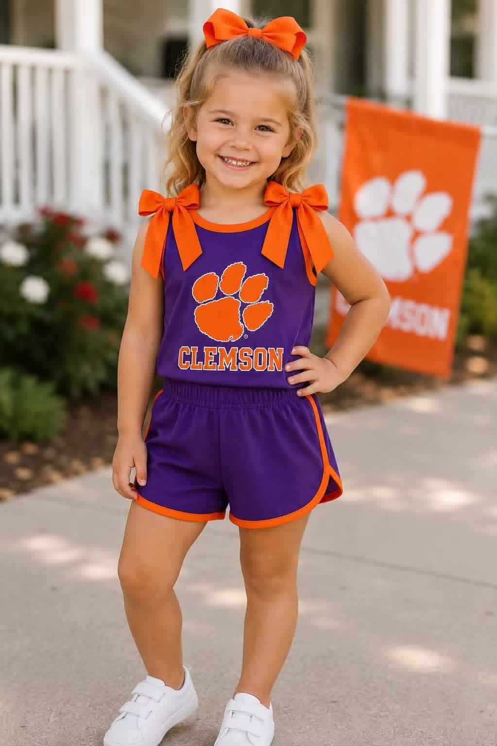 Preorder (moq 5) Baby Girls Yoga Clemson Sleeveless Top Short Team Clothes Sets