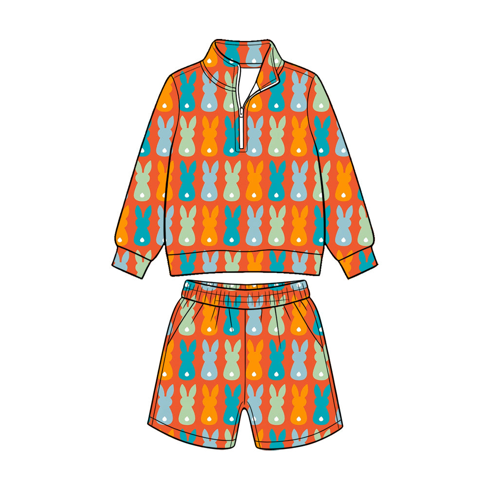 Preorder (moq 5) Baby Boy Clothes Easter Multicolor Bunny Silhouette Print Long Sleeve Quarter Zip Top Short Set
