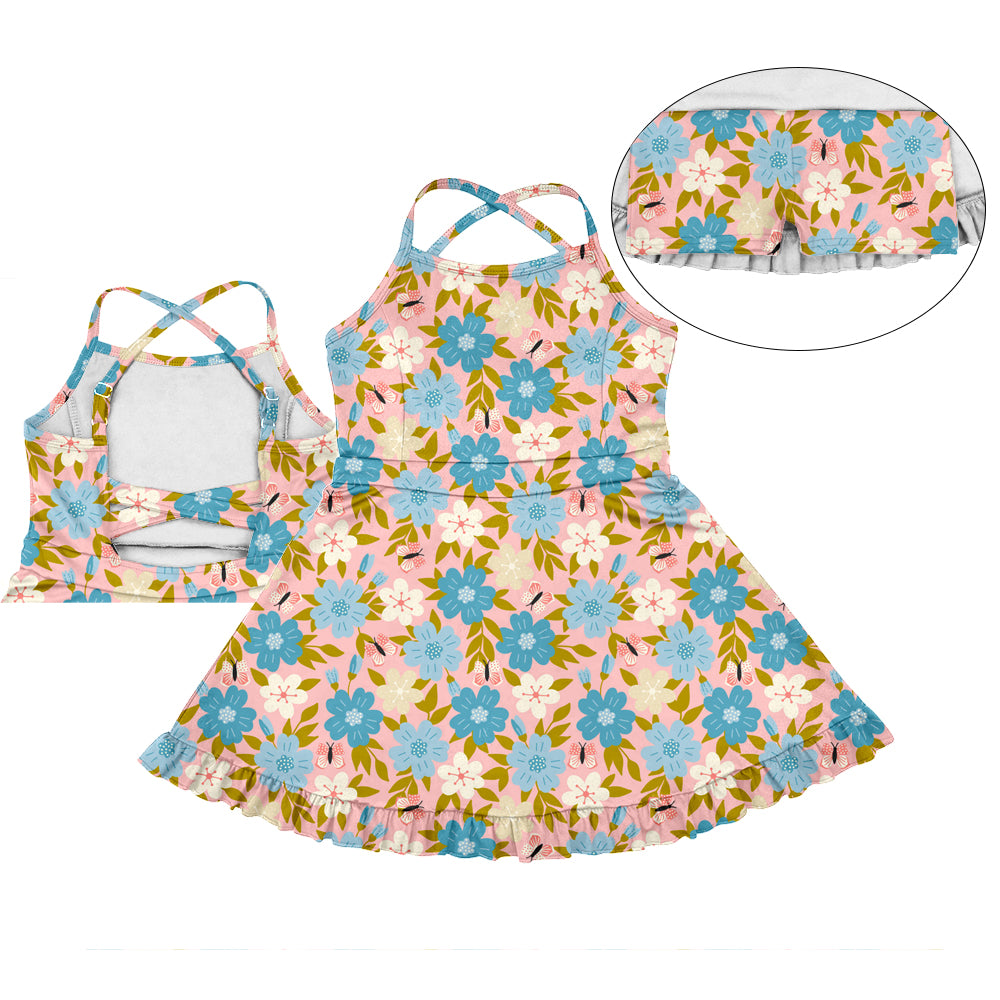 Preorder (moq 5)Baby Girls Blue Strap Flowers Yoga Active Skort Dress