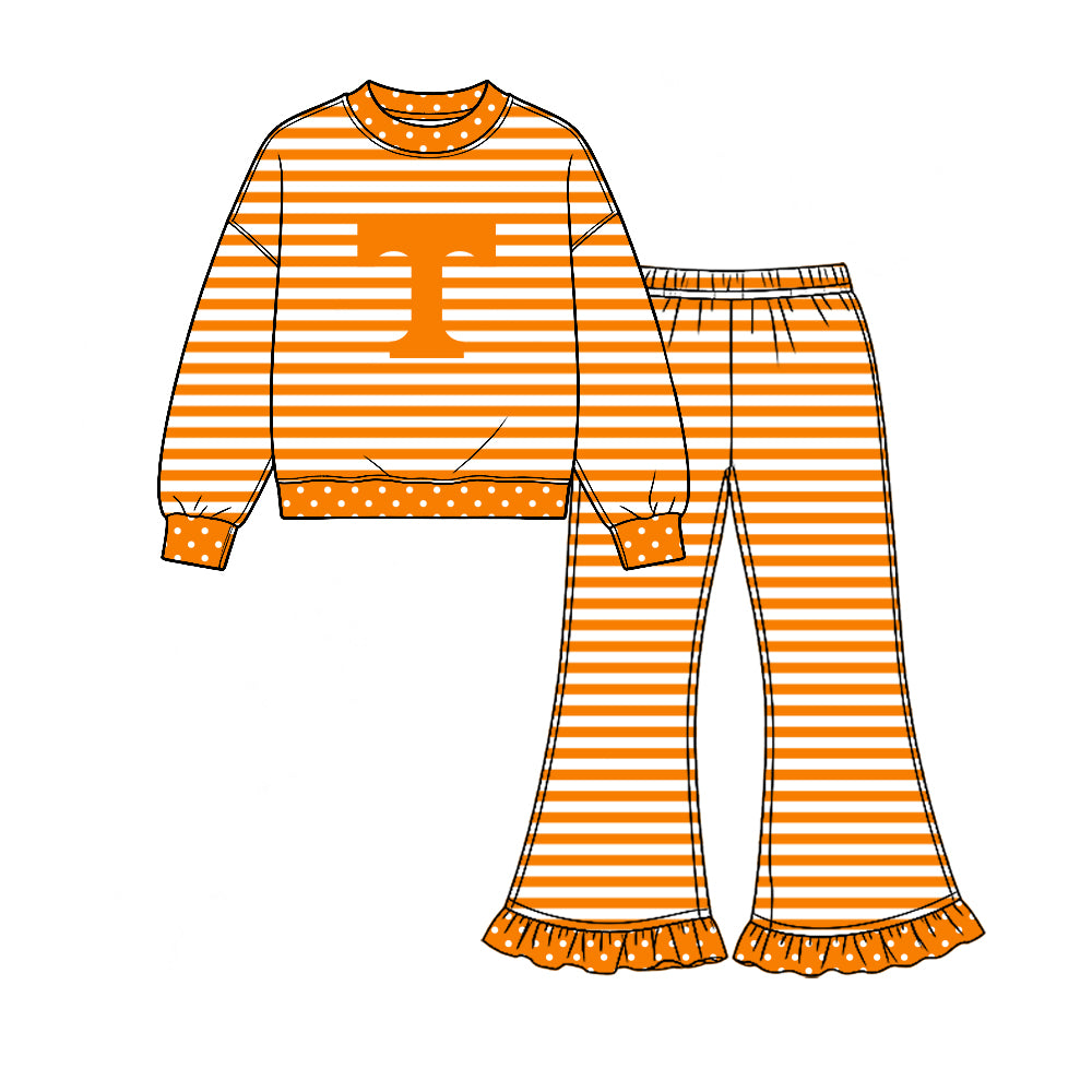 Preorder (moq 5) Baby Girl Clothes Tennessee Volunteers T Logo Striped Print Long Sleeve Top Ruffle Flare Pant Outfit Set