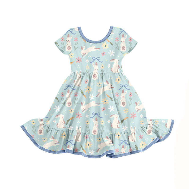 Preorder(moq 8)Baby Girls Short Sleeve Floral Bows Rabbits Easter Ruffle Knee Length Dresses