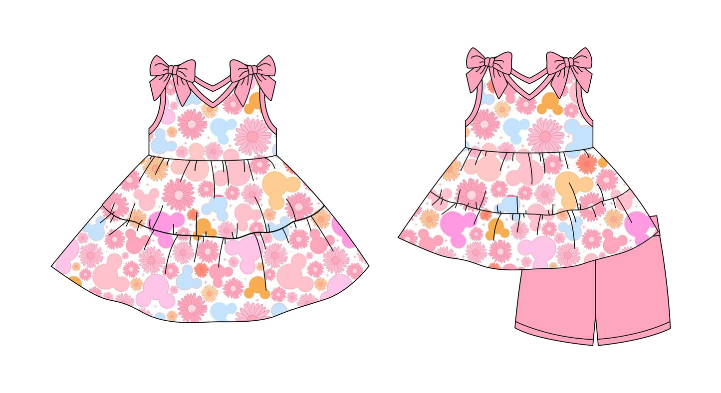 Preorder moq 5 Custom Baby Girls Pink Cartoon Mouses Flowers Tunic Short Set Knee Length Dresses