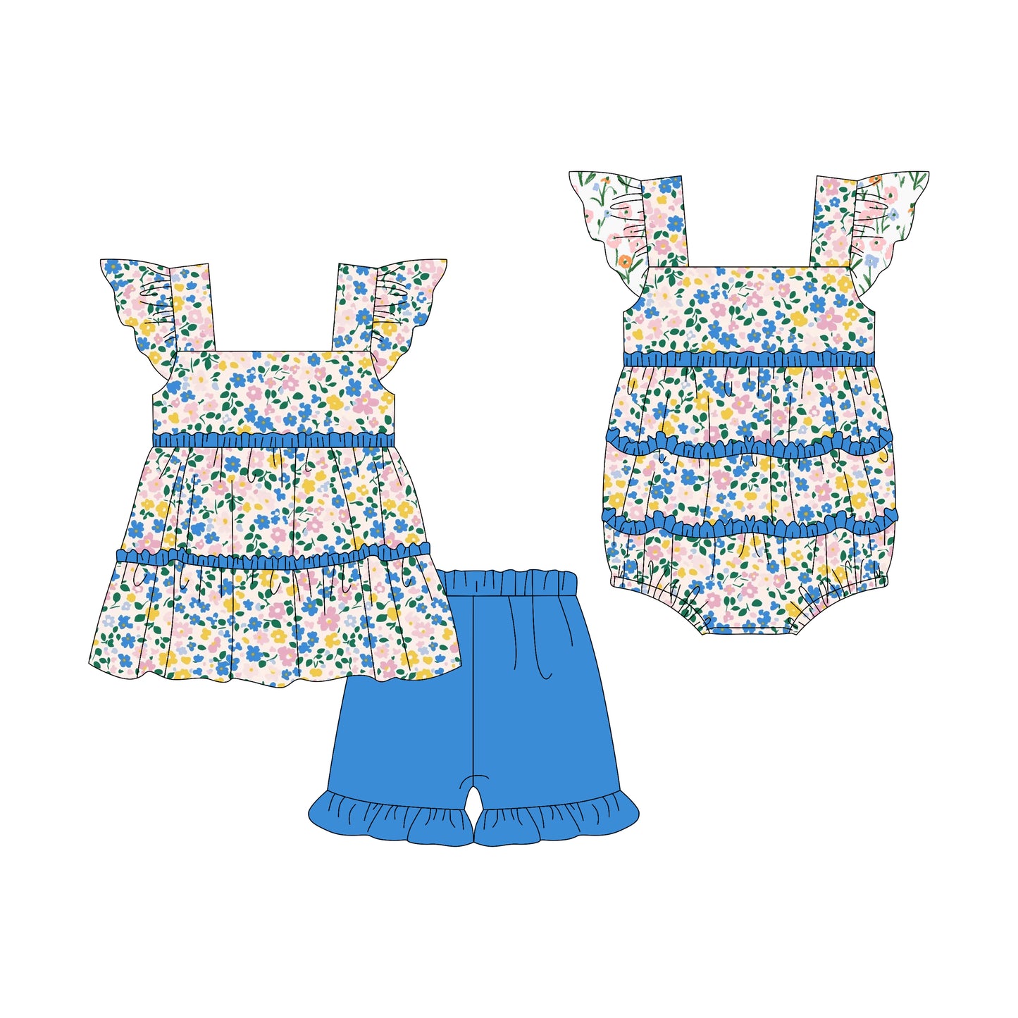 Preorder moq 5 Custom Baby Girls Flutter Sleeves Blue Floral Tunic Ruffle Short Set Rompers