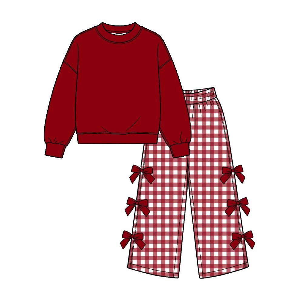 Preorder (moq 5) Baby Girl Clothes Solid Burgundy Top Gingham Check Bow Decor Long Sleeve Wide Leg Pant Set