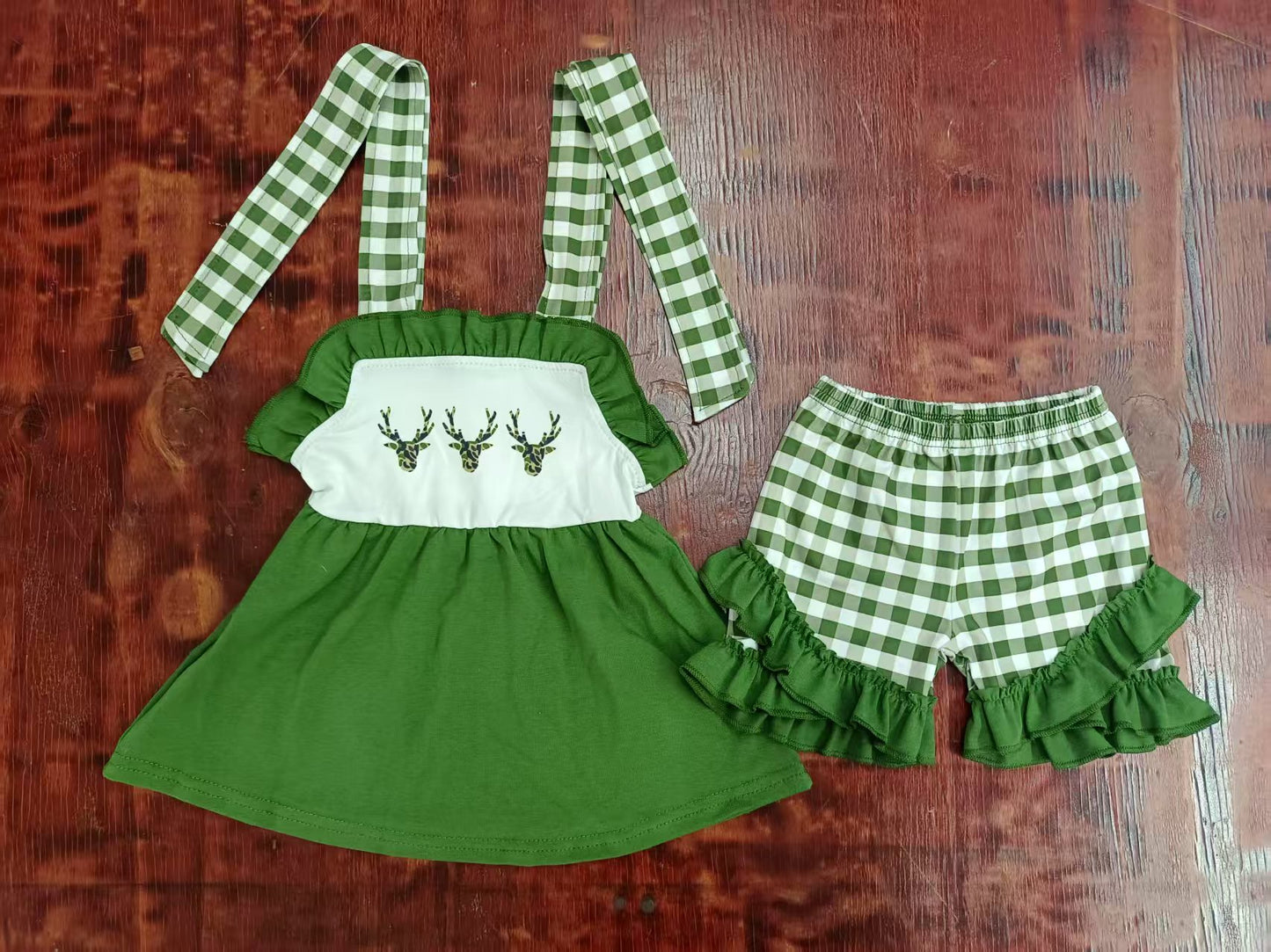 Preorder moq 5 Baby Girls Green Plaid Strap Camo Deer Tunic Ruffle Set
