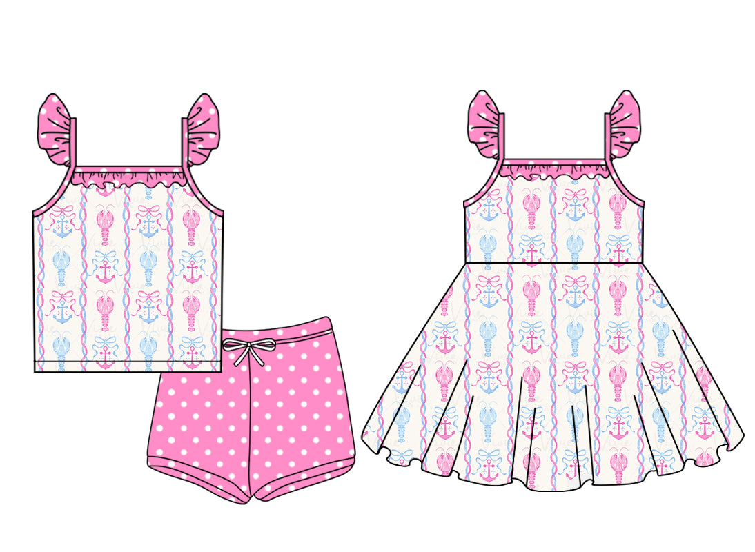 Preorder moq 5 Custom Baby Girls Pink Flutter Sleeves Bows Crayfishes Top Polka Dots Short Set Knee Length Dresses