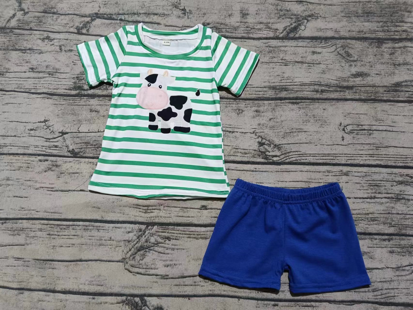 Preorder moq 5 Baby Boys Green Stripe Short Sleeves Cow Top Hot Blue Short Set