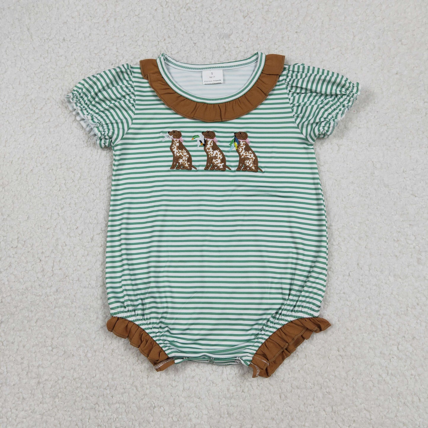 Embroidery Ducks Dogs Baby Girls Stripe Collar Hunting Ruffle Rompers