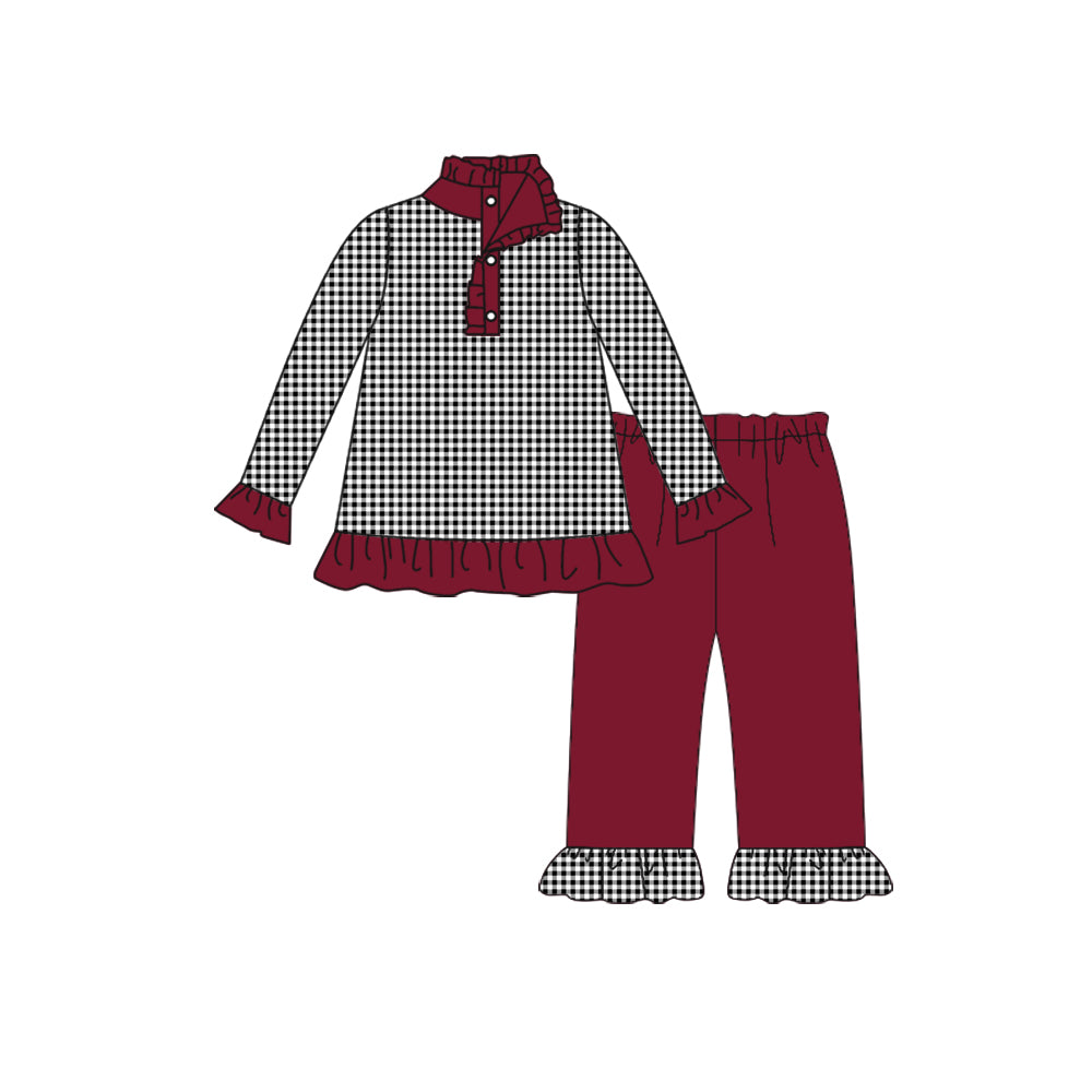 preorder(moq 5) Baby Girls Fall Football Team Black Checkered Pullover Top Wine Pants Clothing Sets