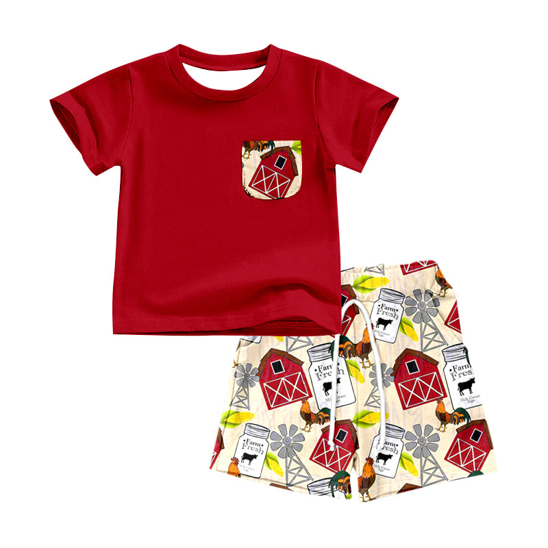 Baby Boys Red Farm Pocket Shirts Top Shorts Clothes Sets preorder(moq 5)