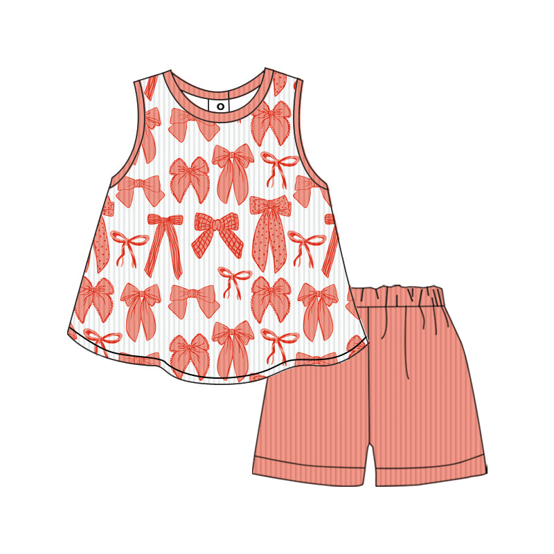 Preorder (moq 5)Baby Girls Orange Bows Ribbed Tunic Shorts Clothes Sets